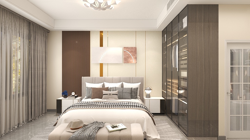 卧室采用柔和的米色作为背景墙，营造出一个温馨静谧的睡眠环境。