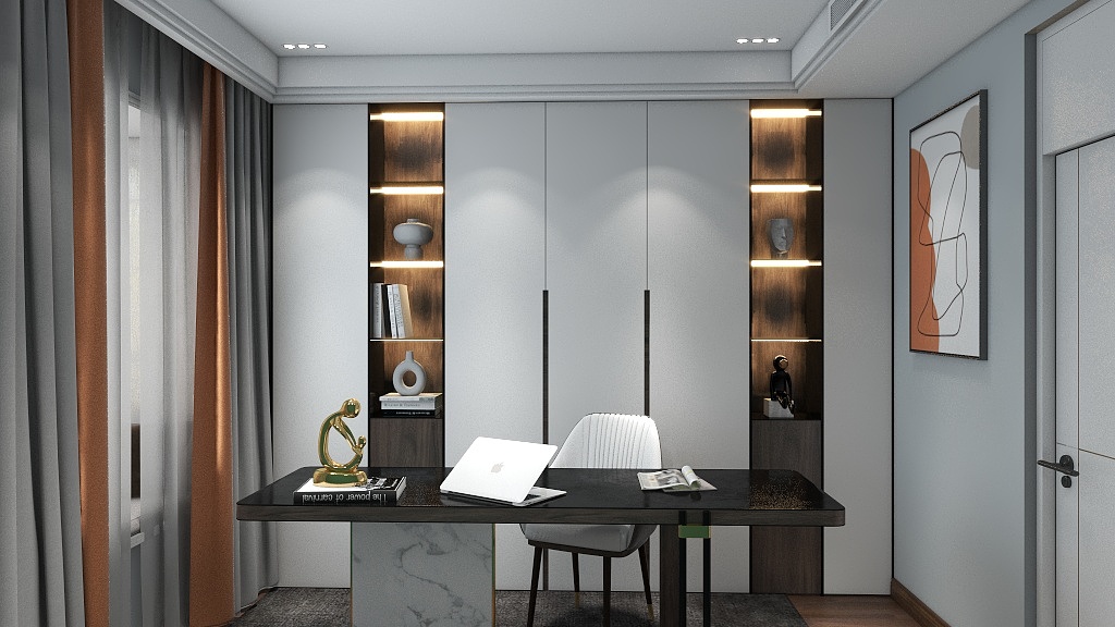 书房沿用白色作为基调,书柜设计搭配别致,增添空间层次感,创意十足.