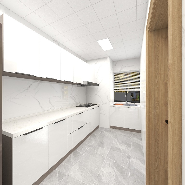 厨房空间洁净明亮，白色橱柜在白色背景墙中不乏生活气息，细节凸显格调。