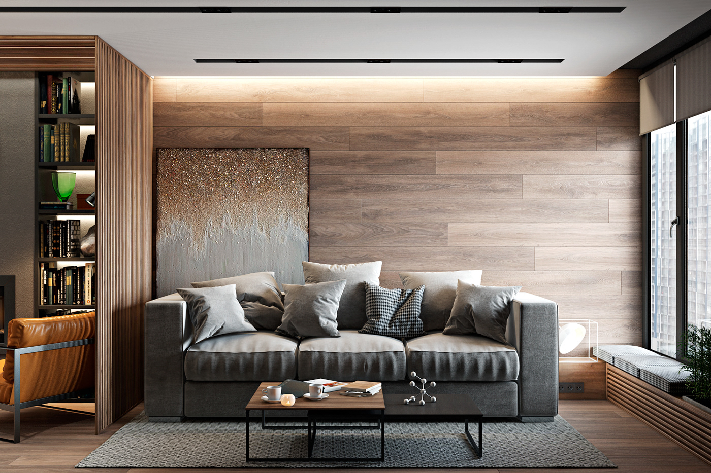 背景墙木质肌理包裹着浅淡的灰色沙发，线条与材质相互交融，传达出时尚的品味。