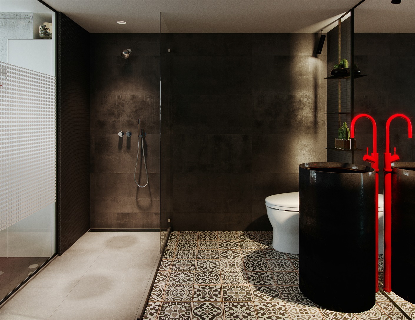 咖色立面打造出静谧的卫浴氛围，干湿分离后，空间更具层次感，使用方便。