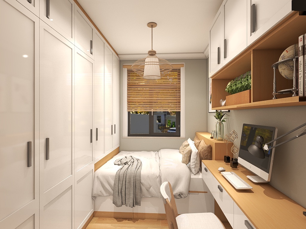 全屋一体化定制使紧凑的房间充满温馨感，衣柜设计收纳功能强大。