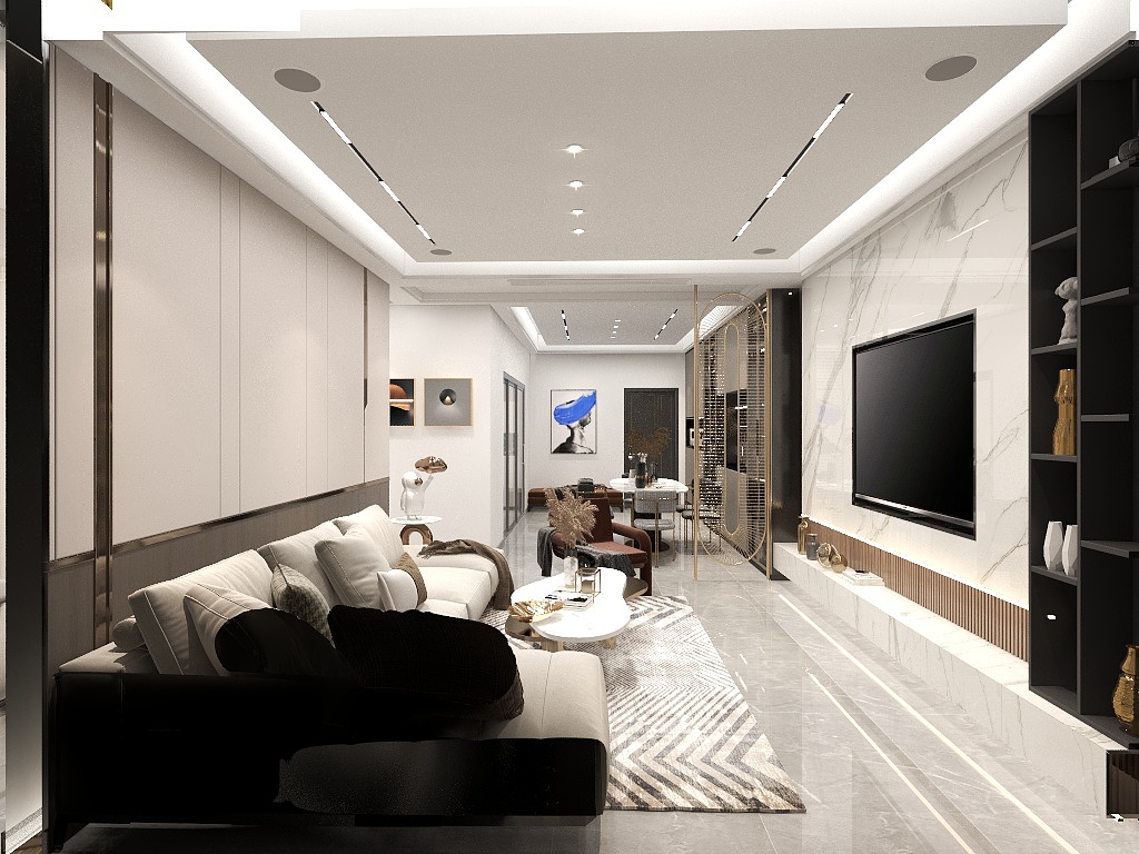 客厅面积宽敞，以白色为主基调，局部装饰隔断既实现了空间区隔的功能，又起到了美化装饰的作用。