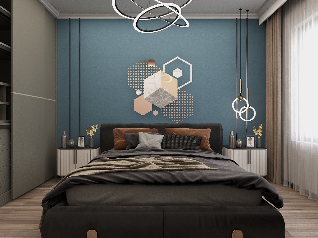 蓝色调背景墙下搭配冷色床品，形成稳重不张扬的空间基调，灯具氛围感强。