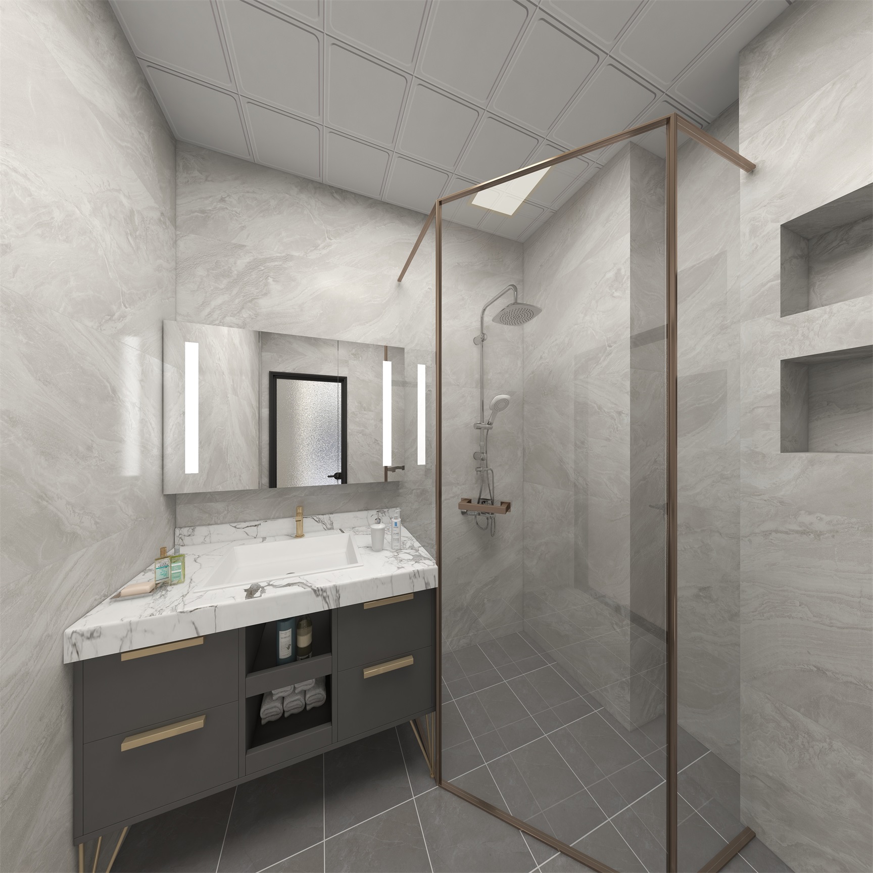 卫生间运用了深灰和浅灰相互搭配，玻璃浴房使用金属勾勒，提升空间层次感。 
