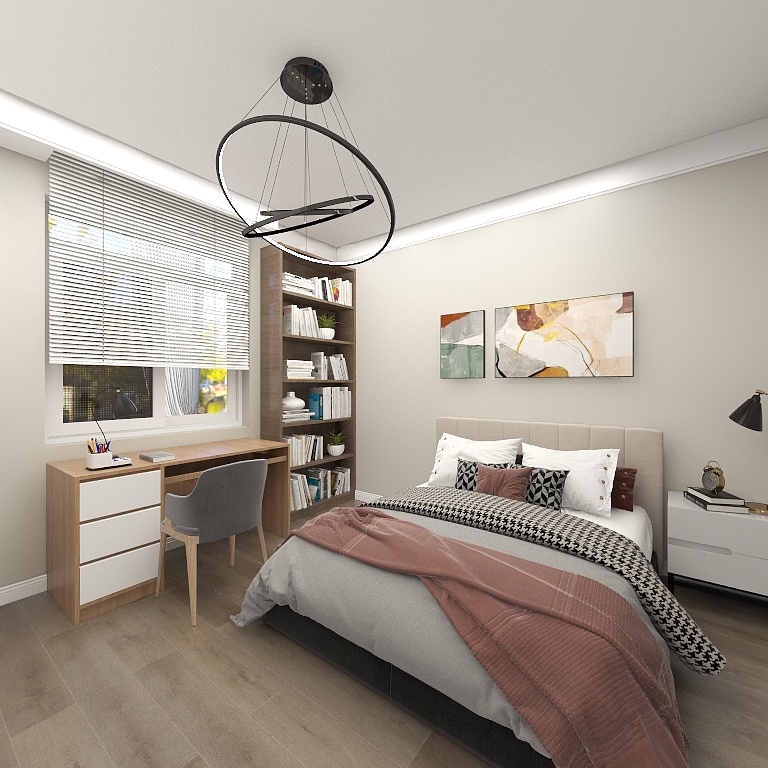 卧室动线规划紧凑，棕色的床品搭配净色背景墙，塑造出沉静的空间。