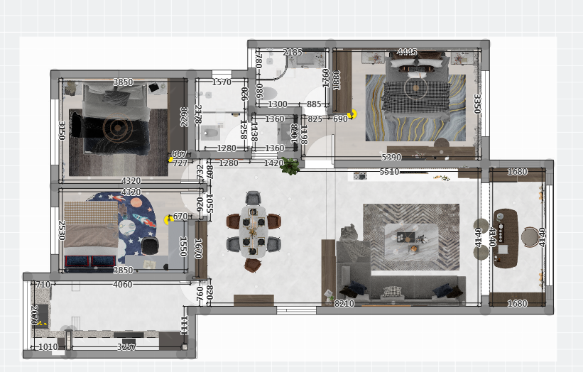 整个户型设计中，客厅连接餐厅和阳台，十分吸引，空间使用率较高。