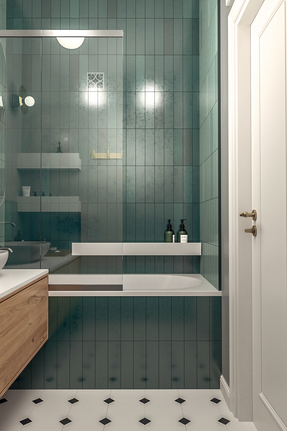 卫生间采用白色+绿色打造，局部使用玻璃进行半隔断干湿分离，明亮温暖。