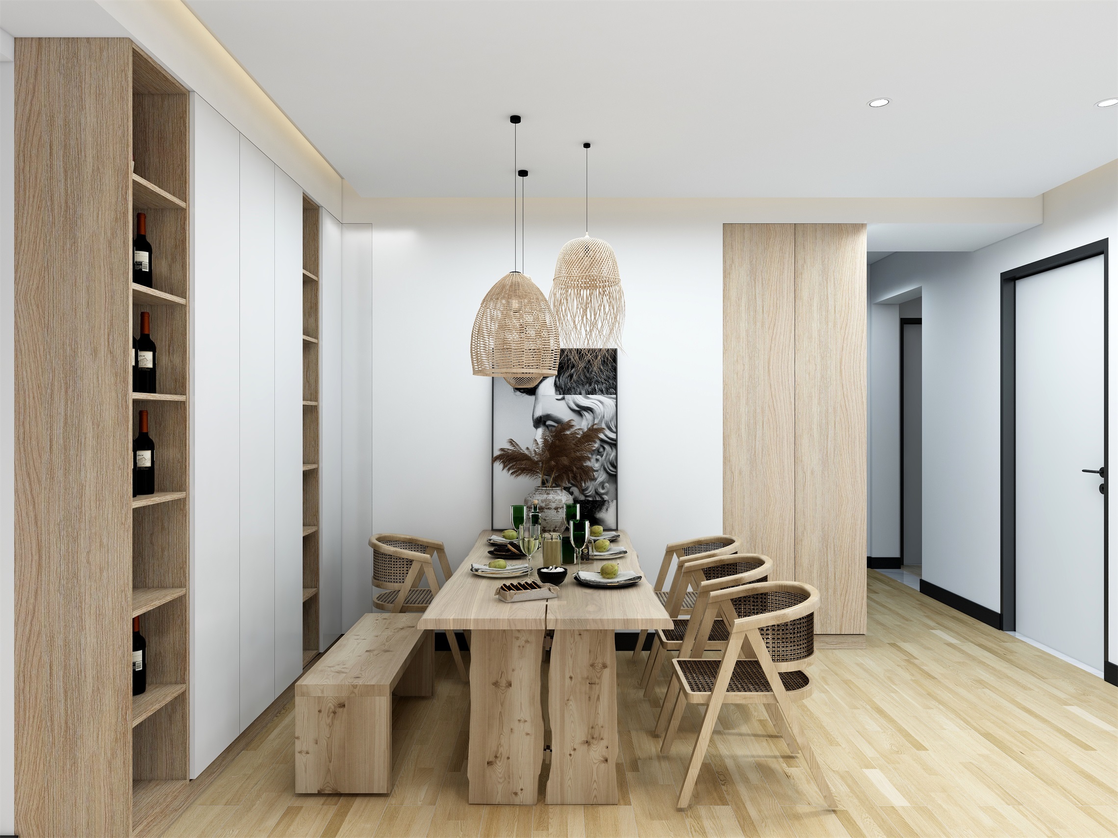 餐厅与客厅连贯打通，整个空间采用木色与白色结合的方式设计，显得更加温馨舒适。