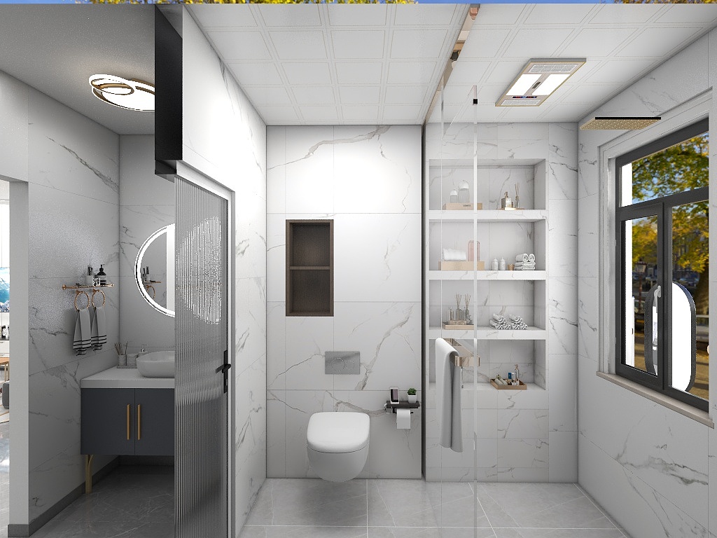 卫生间使用三式干湿分离设计，巧妙搭配石材和灯光，简洁而优雅。