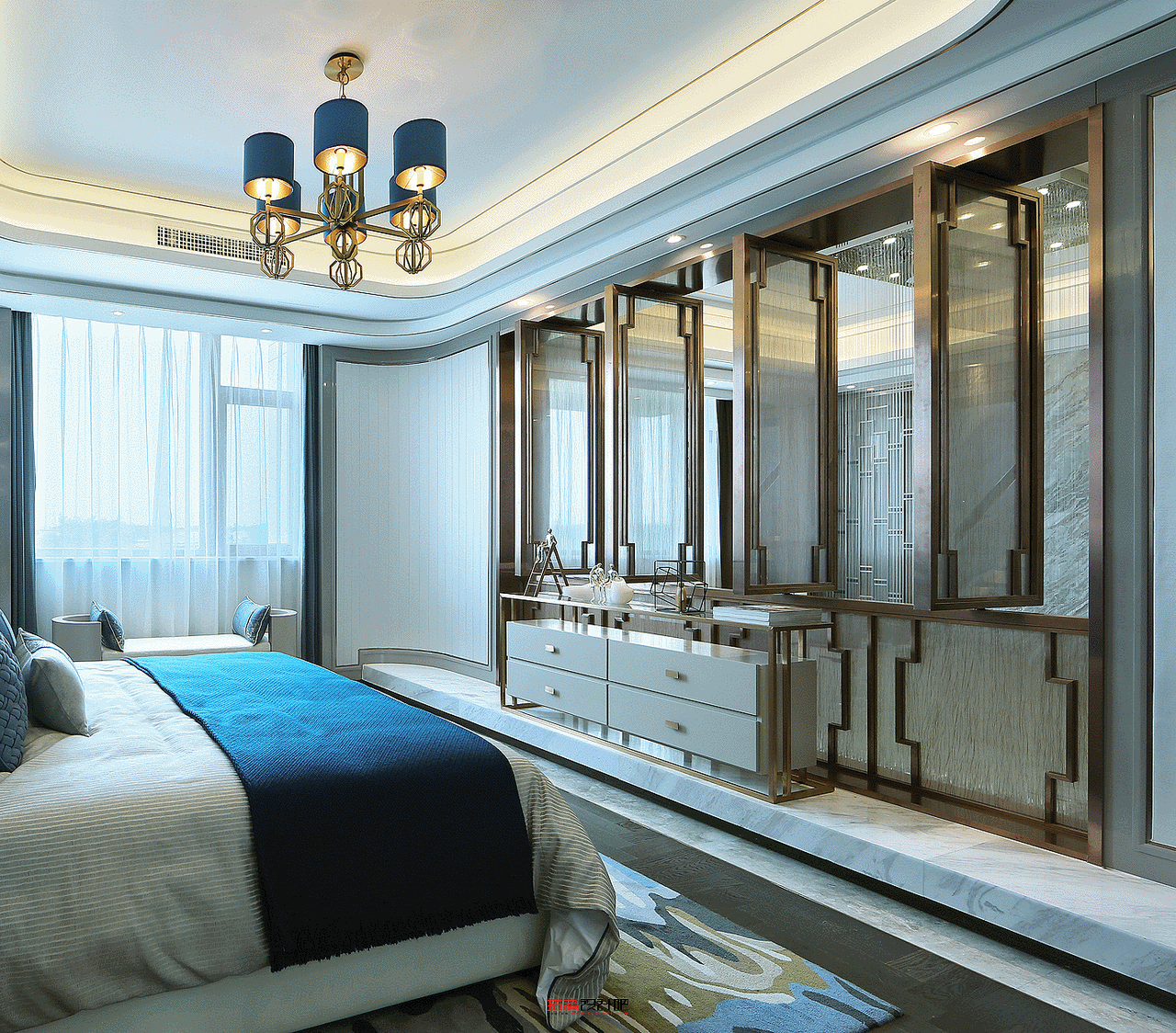 次卧墙面设计传承了东方生活美学经典，令居住者可静享私人时光。
