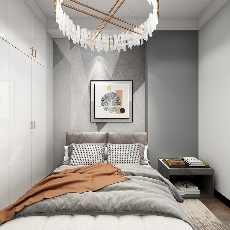 次卧以灰白色为空间基调，搭配同色系床品，空间显得温馨而优雅。