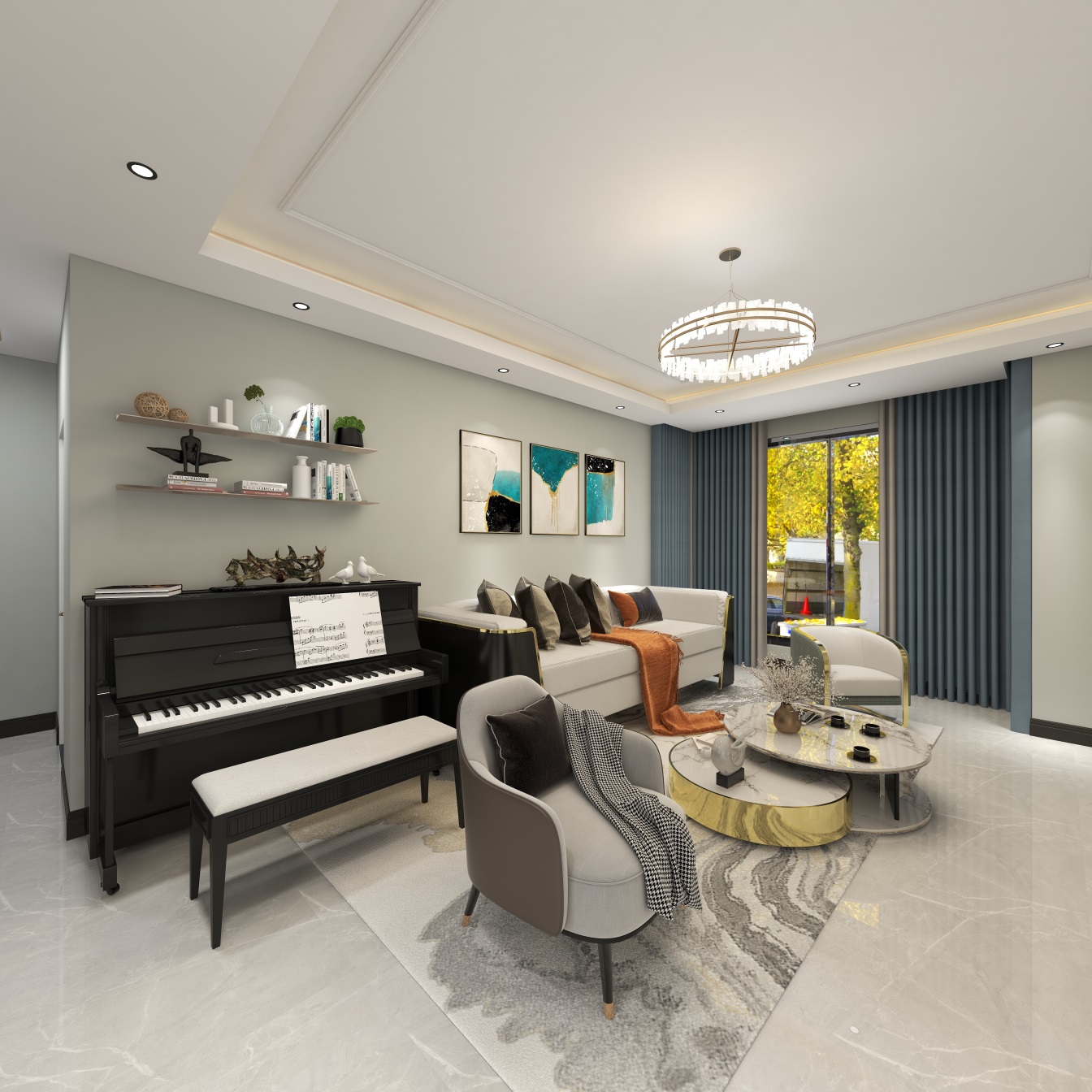 客厅以暖色作为主要色调，结合大理石、布艺等材质，营造空间的质感。
