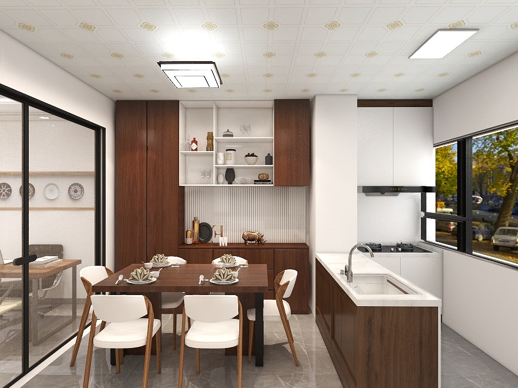 厨房餐厅一体化设计，选择了白色与木质色调碰撞，令空间层次分明。