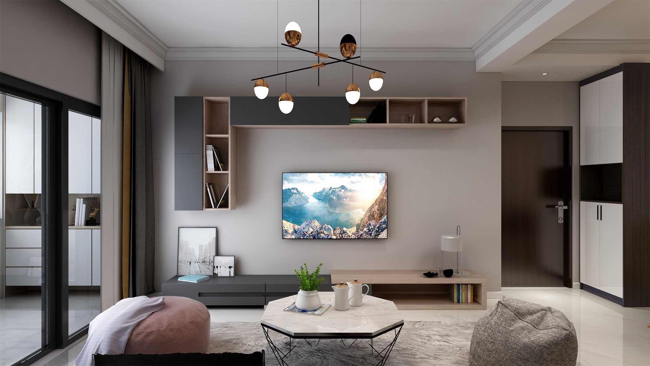 电视机背景墙设计简约优雅，，错落点缀收纳柜，使得空间简单却也不至于黯然失色。