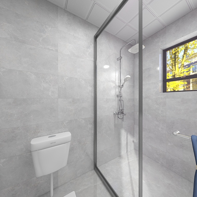 侧卧带卫浴，卫生间以灰色为主，局部采用玻璃进行干湿分离设计，白色洁具在室内异常精致。