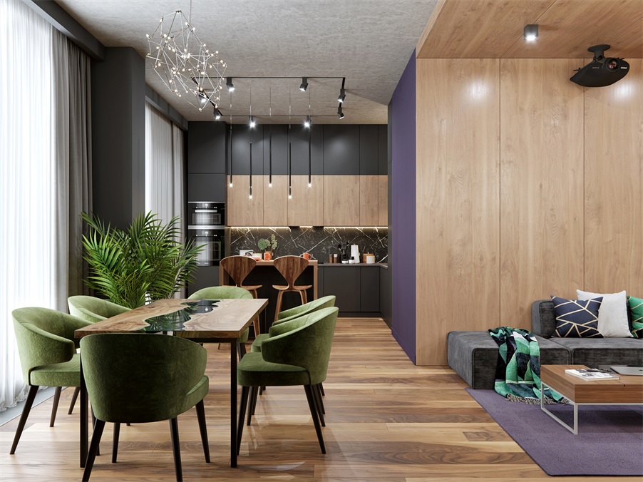 绿色餐椅打造出典雅精致的用餐空间，在绿植的点染下，呈现出舒适的气氛。