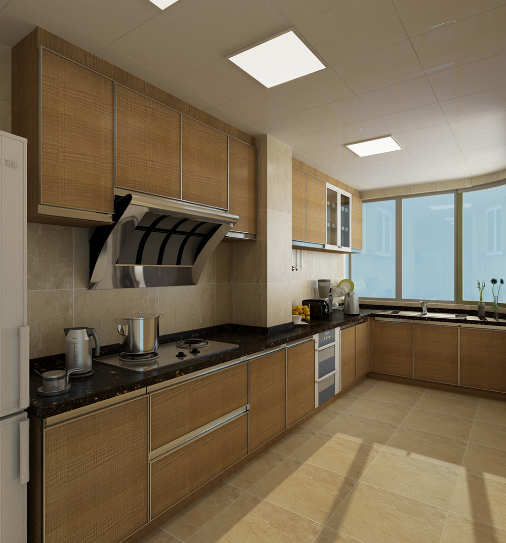 走进厨房，没有太多颜色，大面积运用深浅米色打造，使空间丰富感更强。