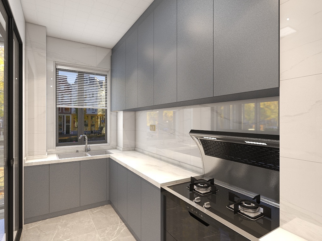 厨房强调功能性设计，蓝色橱柜线条简约流畅，与白色色彩对比强烈。 