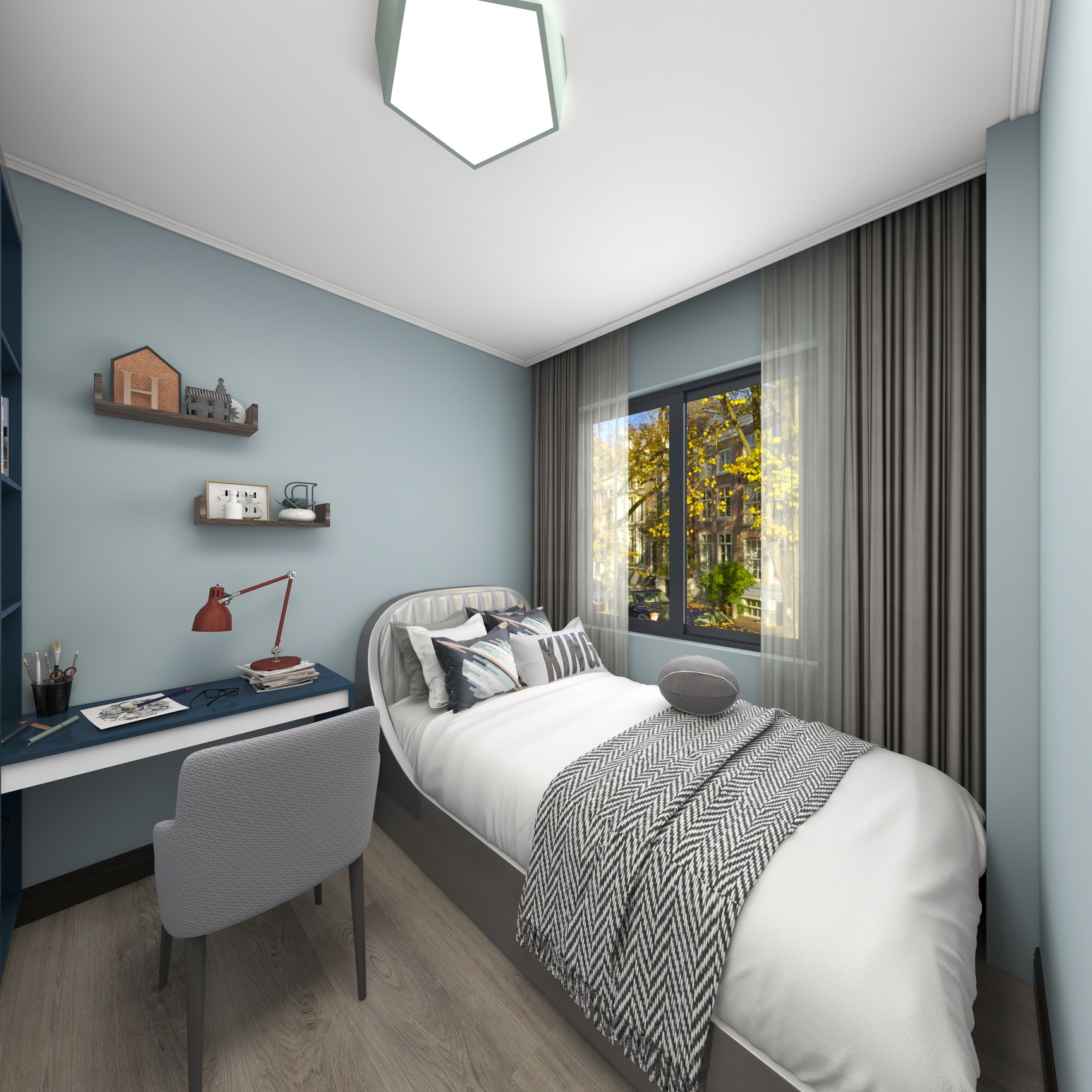 浅蓝色背景墙塑造安静的睡眠环境，白色和灰色的贯穿搭配，使卧室空间更加宁静。
