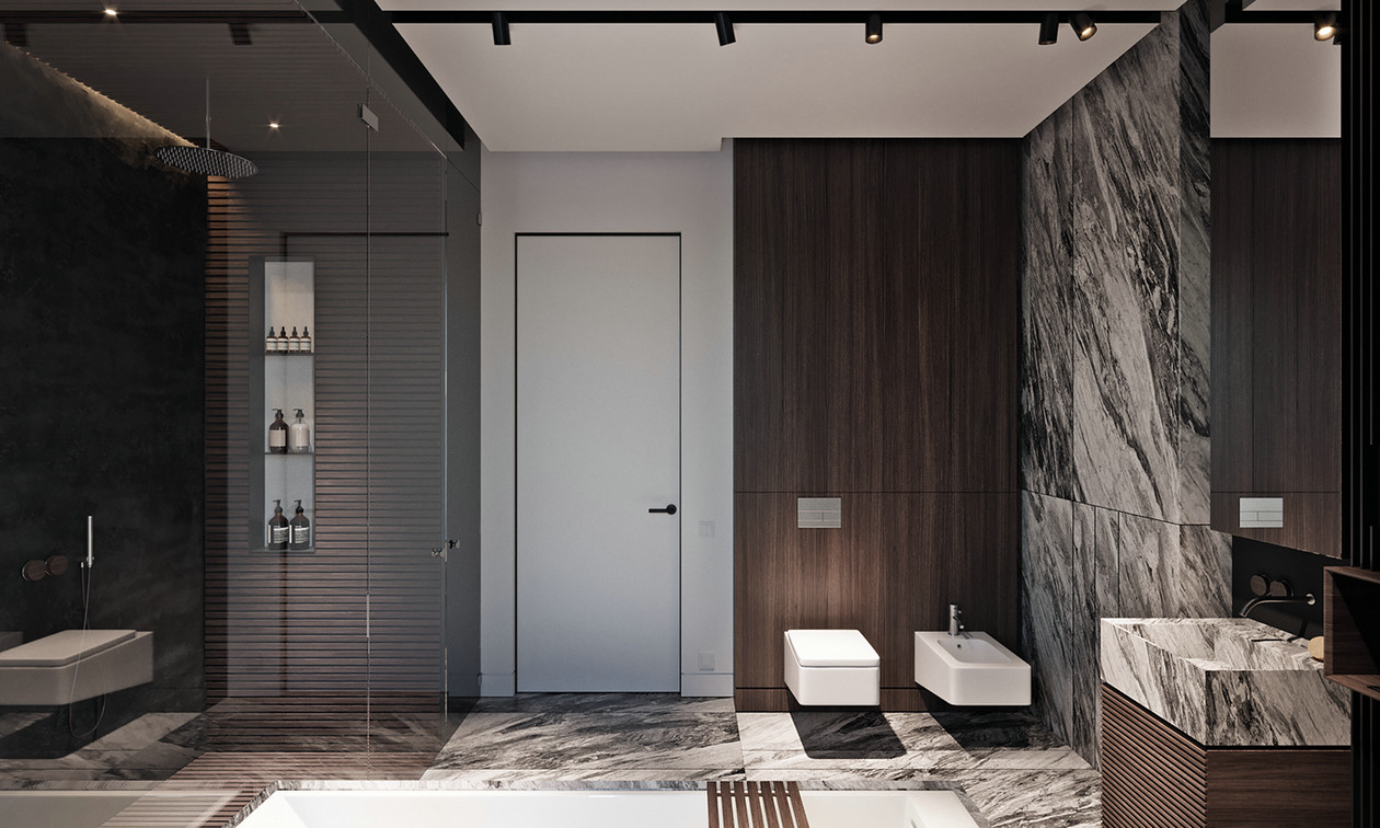 卫生间细节质感强，大理石与木材拼接铺贴，使卫生间很有时尚感。