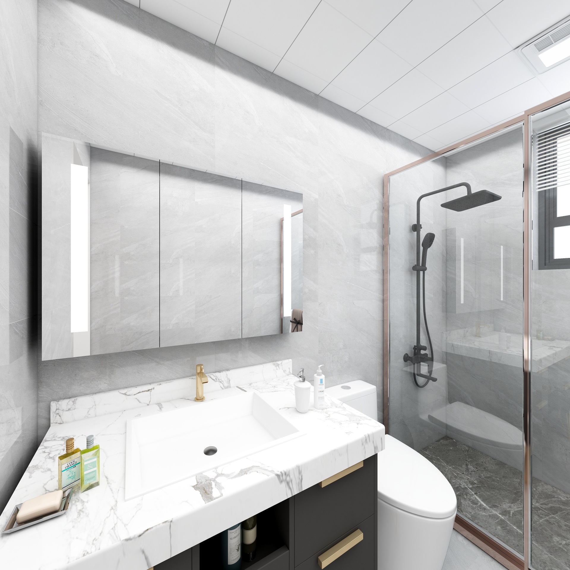 卫生间设计为冷静的灰色调，对区域的进行了干湿分设计，室内秩序感强。