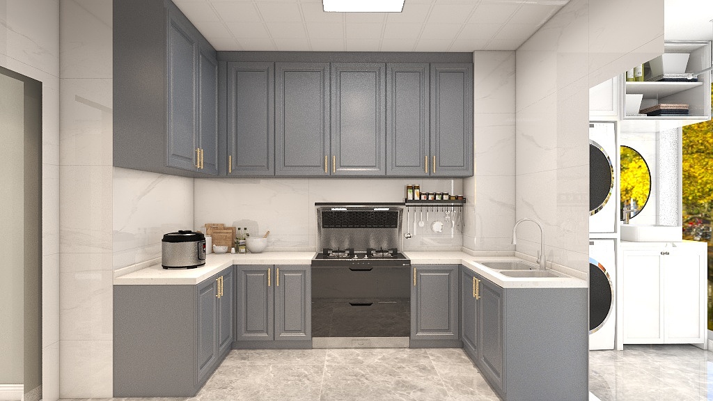 蓝紫色橱柜让整个厨房倍显雅致，洗衣房位于厨房外，空间设计巧妙。