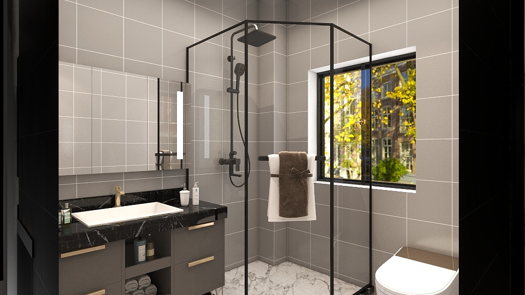 卫生间宽敞明亮，搭配深色系背景墙及洗手台，打造出安静、理性的卫浴氛围。