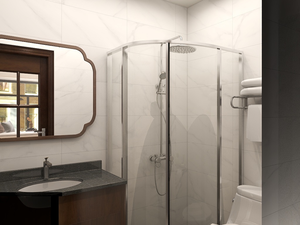 多边形淋浴房设计，功能上和洗漱连接在一起，让主人生活更加便利。