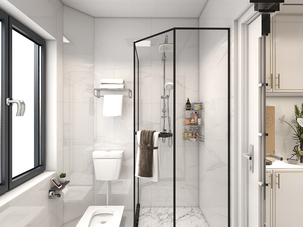 淋浴房选用黑色的五金装饰，为空间气质里增添了一份华贵，轻奢质感油然而生。