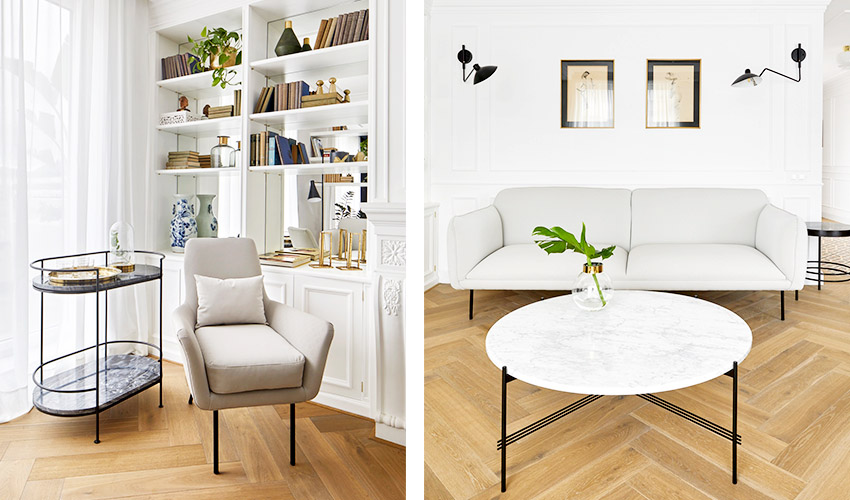 为了提供宽敞明亮感，客厅使用白色线板及明镜设计，搭配同色系的米白沙发，