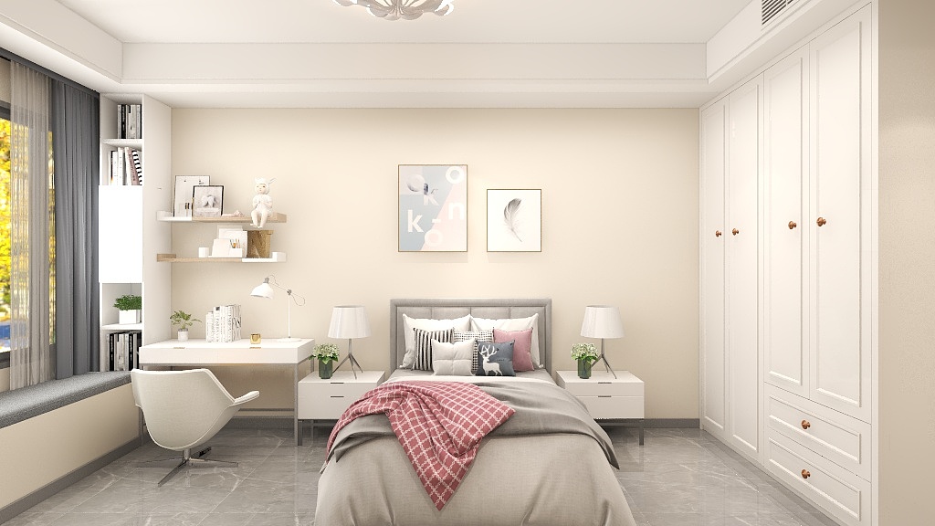 灰色绒面、金属摆件等多元材质的应用，让看似简单的卧室更有高级感。