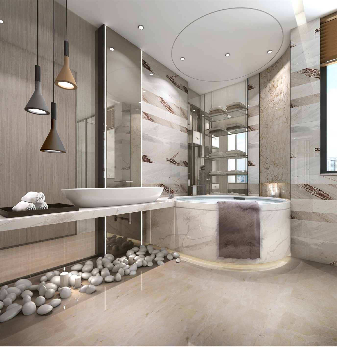 大面积使用米色搭配，为空间灌入简洁沉稳的气息，浴缸设计华丽，体现主人生活品质。