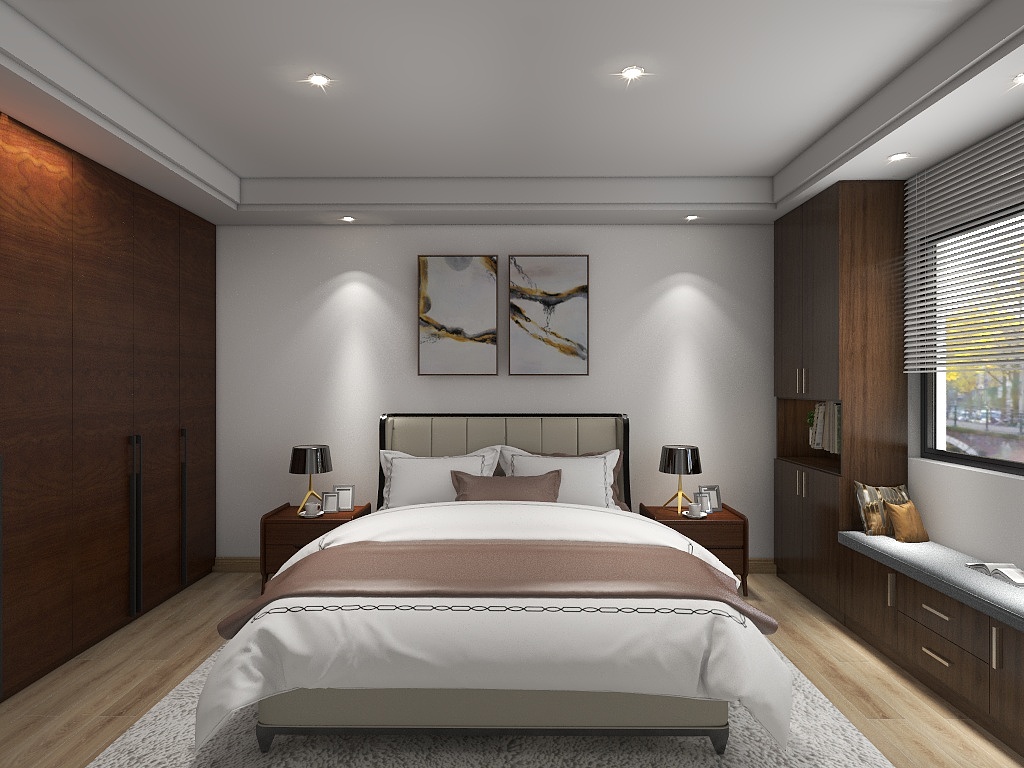 优雅的配色缓和了简单的硬装，设定给卧室空间带来一种视觉延伸感。