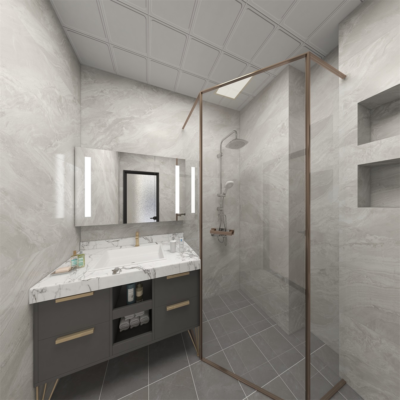 卫生间以灰色为主题，使用玻璃进行干湿分离提升了室内采光，洗手池亮色点缀，为室内带来了生机活力。