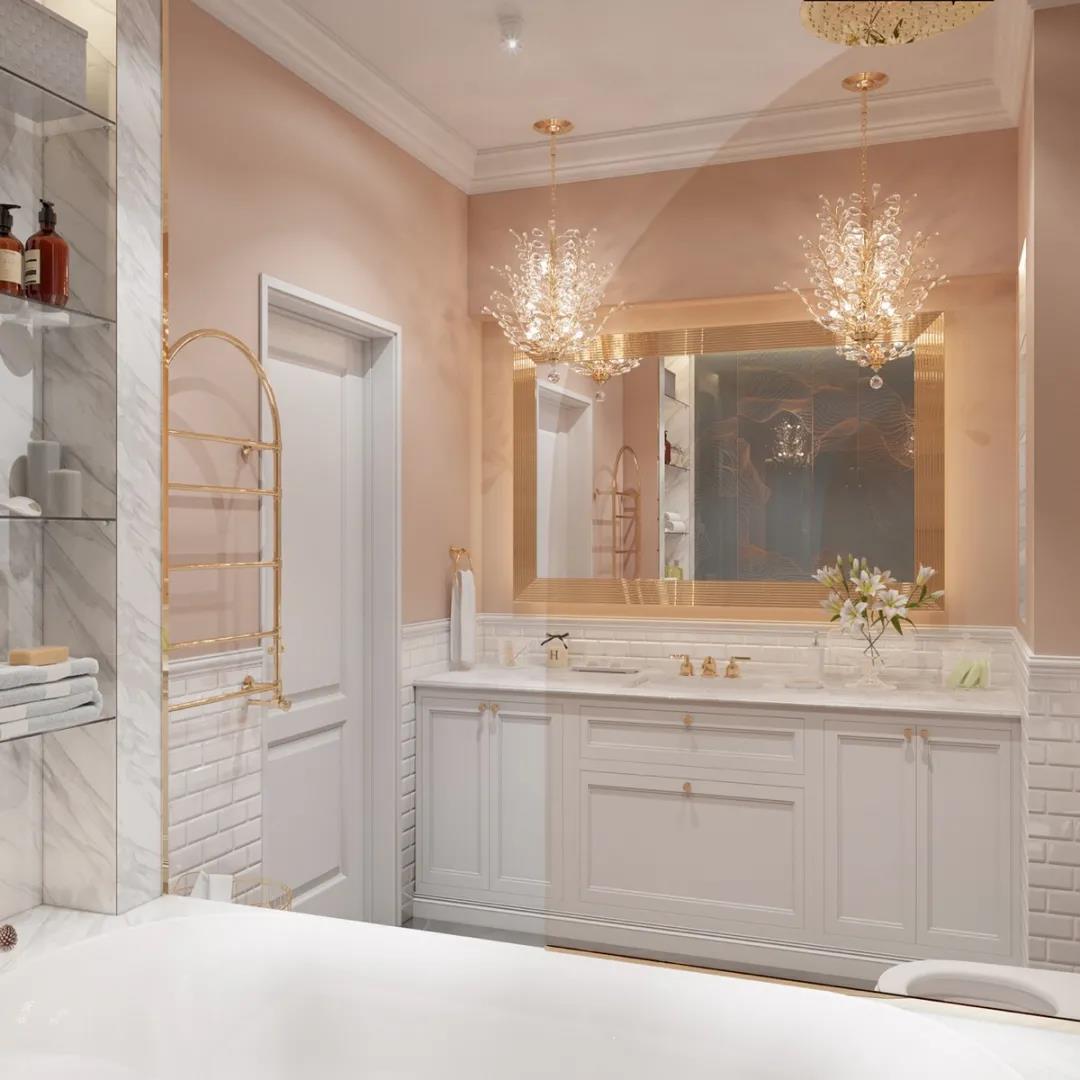 卫生间通过白色的主色调，中间融入粉色的设计，大气中带着优雅。
