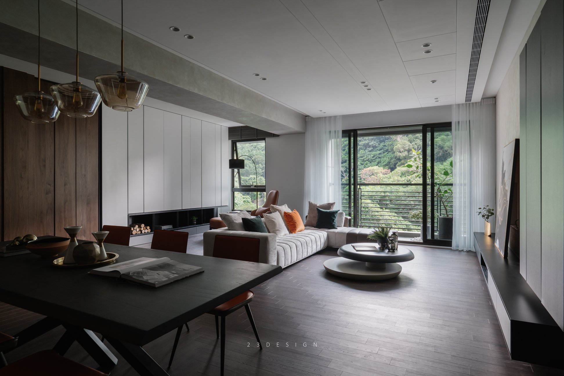 客厅触感高级的绒质沙发，搭配具有个性的背景墙设计，现代感十足。
