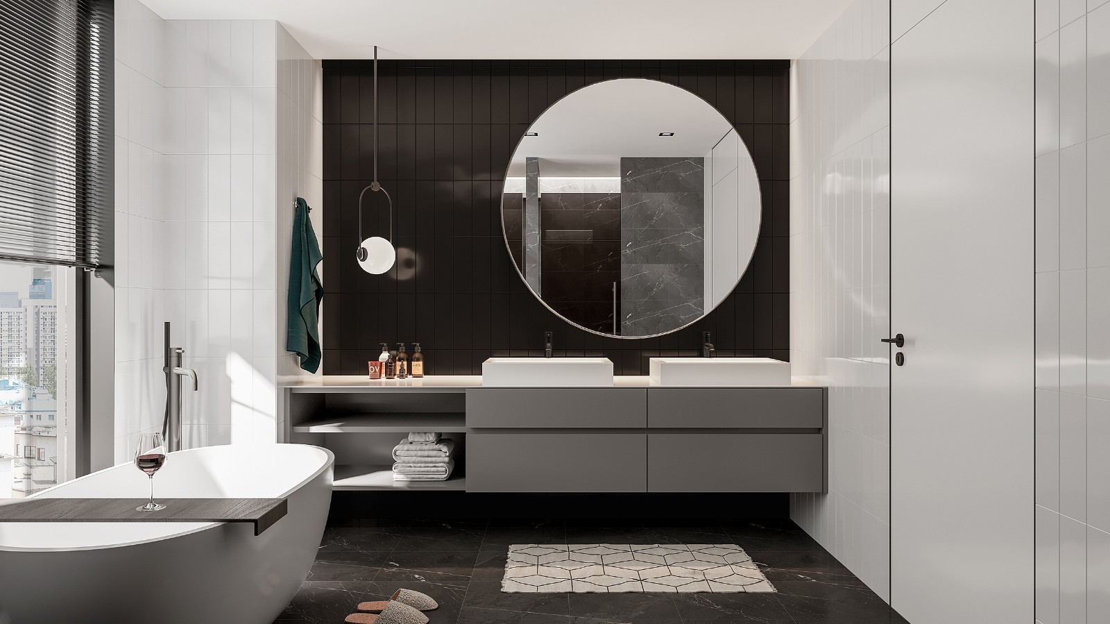 卫浴空间典雅柔和的配色令整个空间笼罩在温柔地气质中，洗手台设计错落有致。