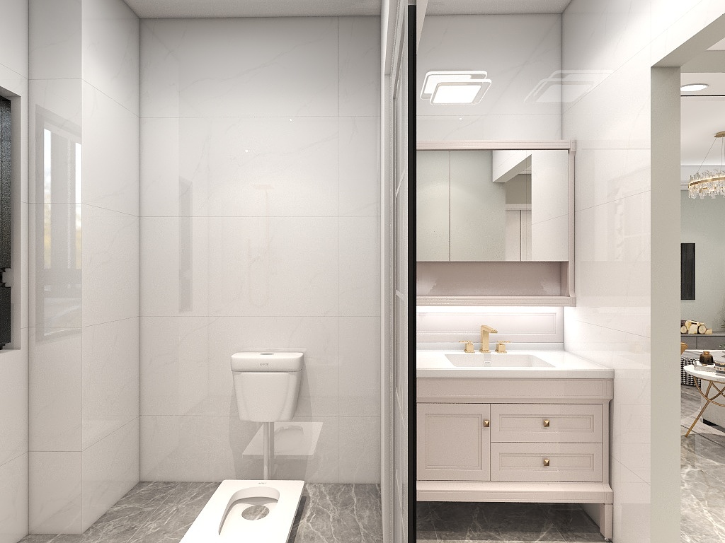 卫浴空间采用二式干湿分离设计，时尚典雅，灯光带来优雅惬意的温馨之感。