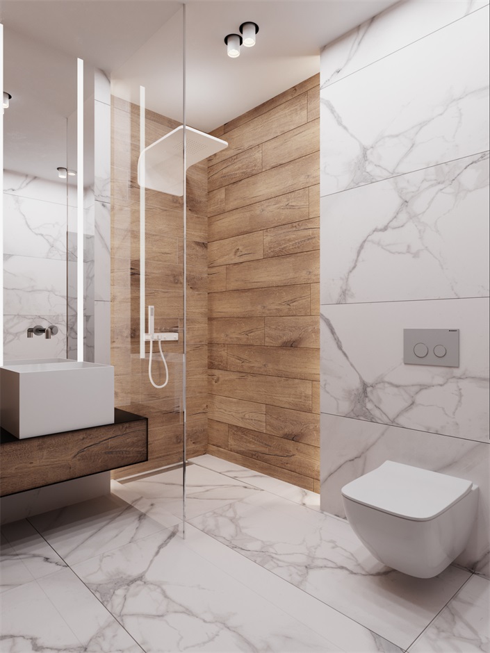 卫生间洗手台设计素雅，木质元素和大理石拼接设计，层次感较强。