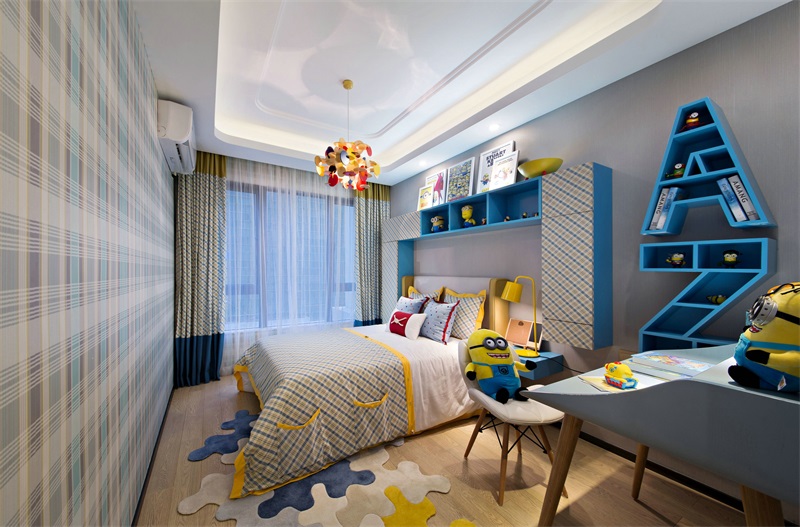 儿童房设计醒目而时尚,沉静的蓝色调为空间灌入活力,倾心的设计凸显出