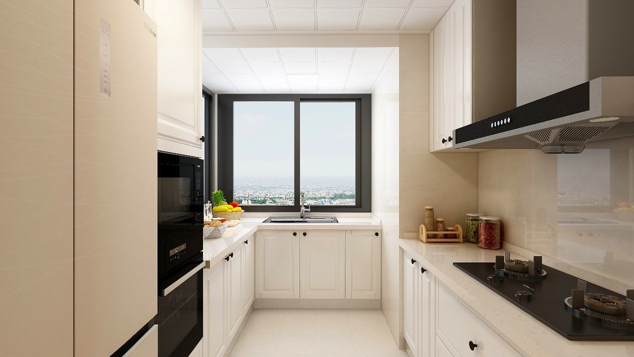 厨房空间紧凑，凸显简约的现代设计，白色橱柜搭配米色背景使烹饪氛围不至于空洞。