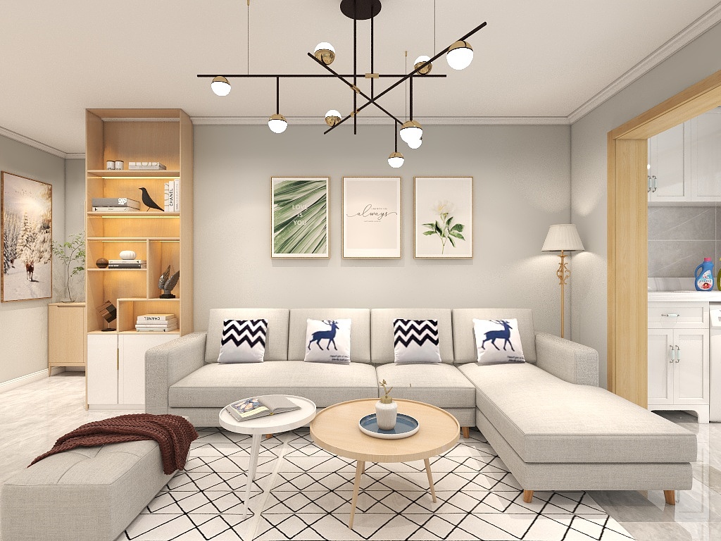 客厅空间以家居空间为载体，带来沉稳的气质，L型沙发形成一个回路，让自然清新融合在空间中。