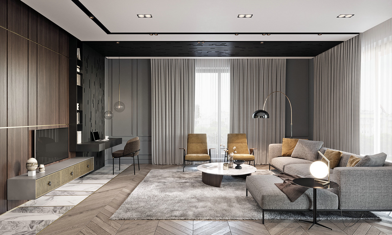 客厅充满高颜值的现代格调，灰色布艺沙发搭配亮色抱枕，简约又时尚。