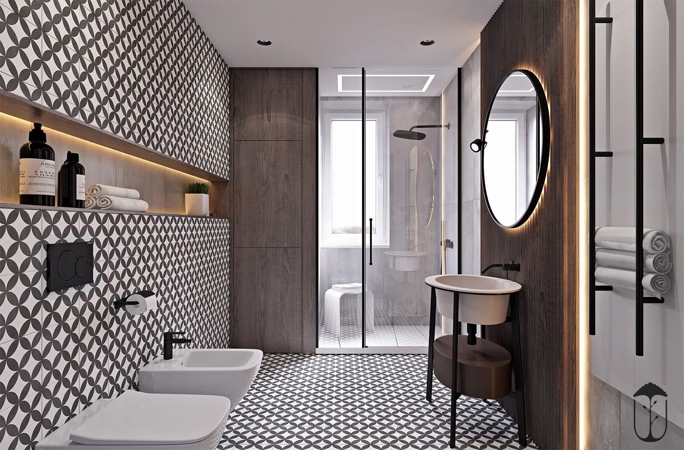 卫浴间采用了干湿分离，设计师在墙体上设计了壁龛，并结合暖色的灯光带来温润的质感。