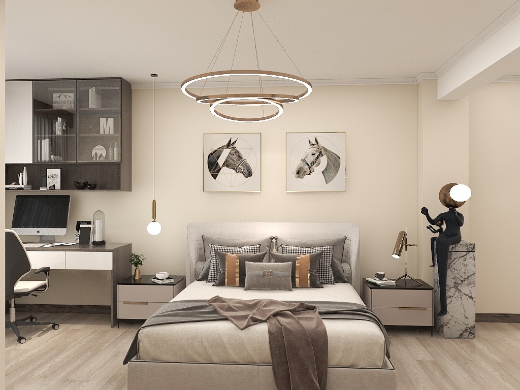 卧室在空间造型方面，设计师选用了米色作为背景，局部使用灰色点缀，提升了卧室质感。