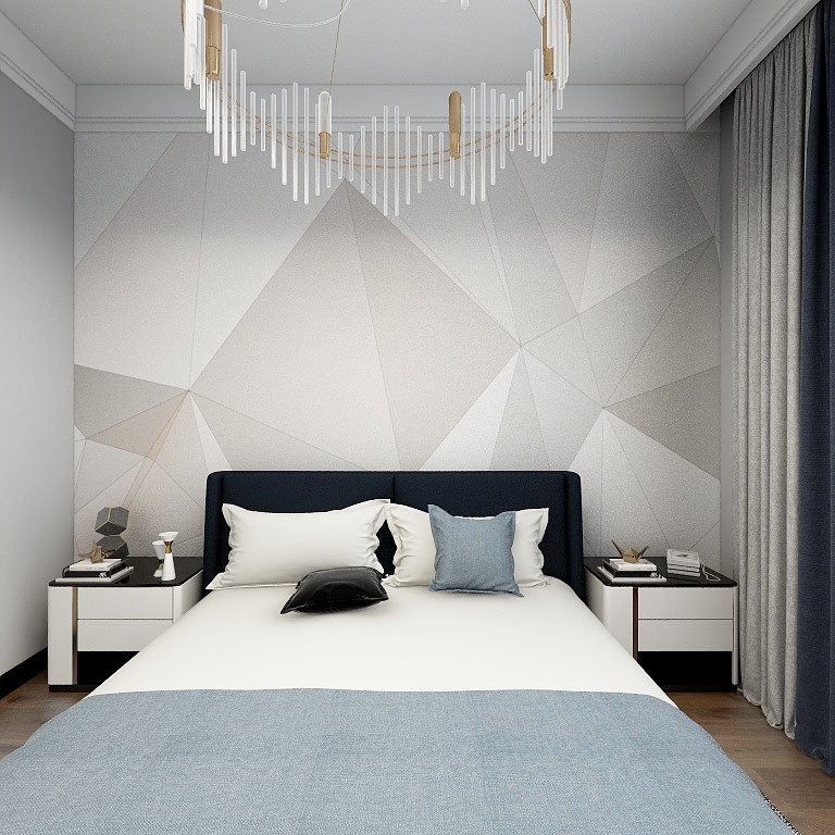 侧卧空间内外通透，集合背景墙设计潮流实用，蓝白色床品具有灵气，充满活力。