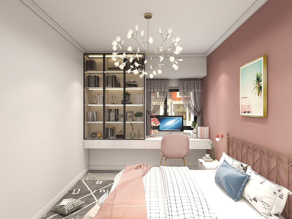 卧室以粉色为主基调，临窗打造写字桌，独特造型的吊灯点缀，彰显出空间的更多趣味。