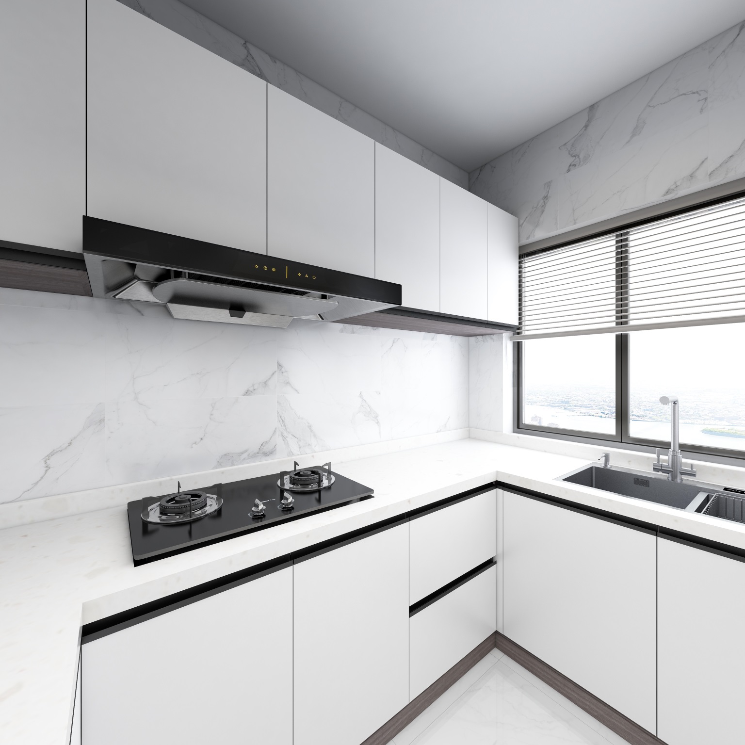 白色厨房空间十分干净和谐，黑色线条的勾勒下，使空间视觉得以延伸。
