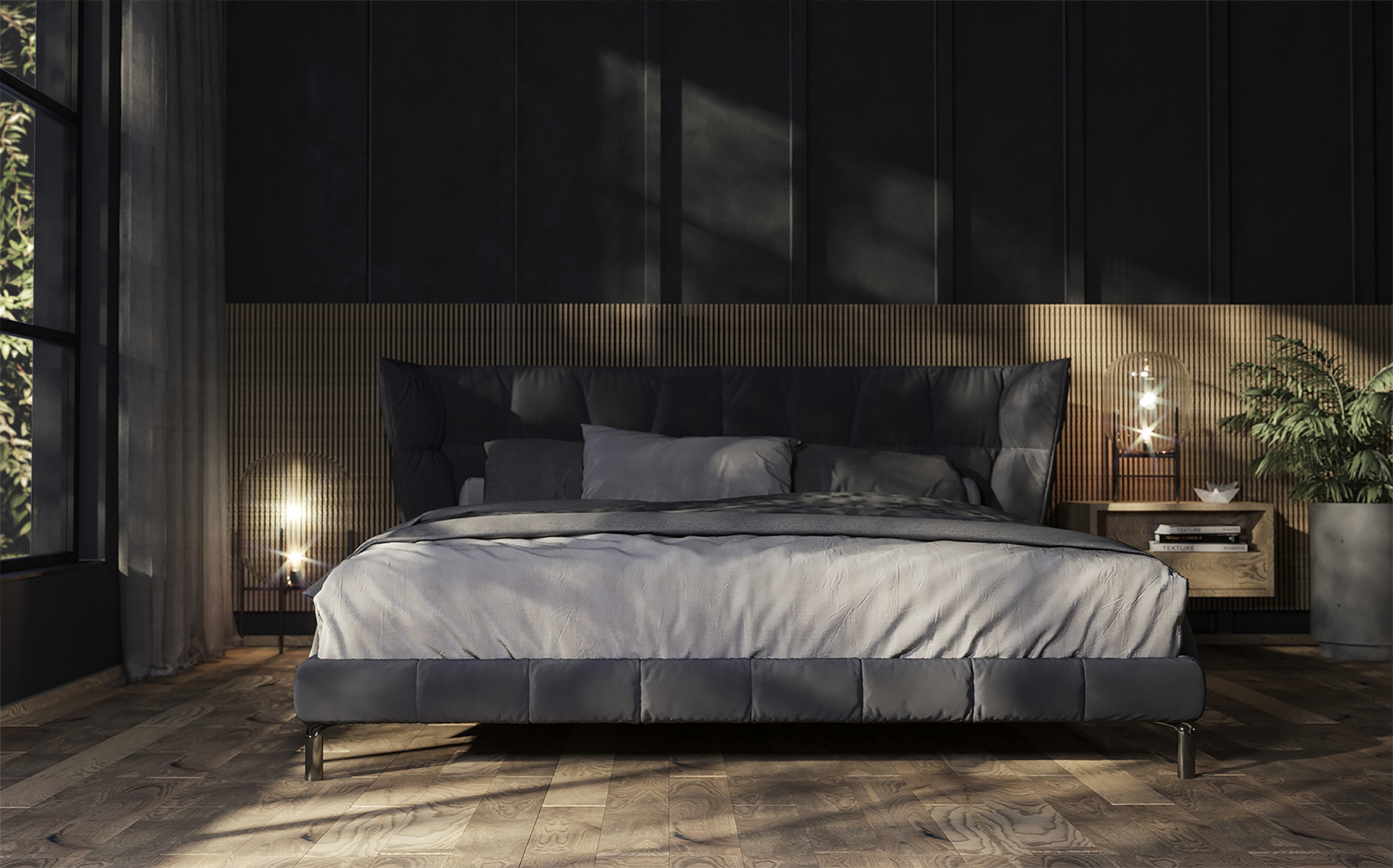 卧室注重功能与美感的结合，灯具放大了智能生活的尺度，空间尽显美好。